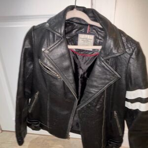 Black Leather Jacket with White Stripes